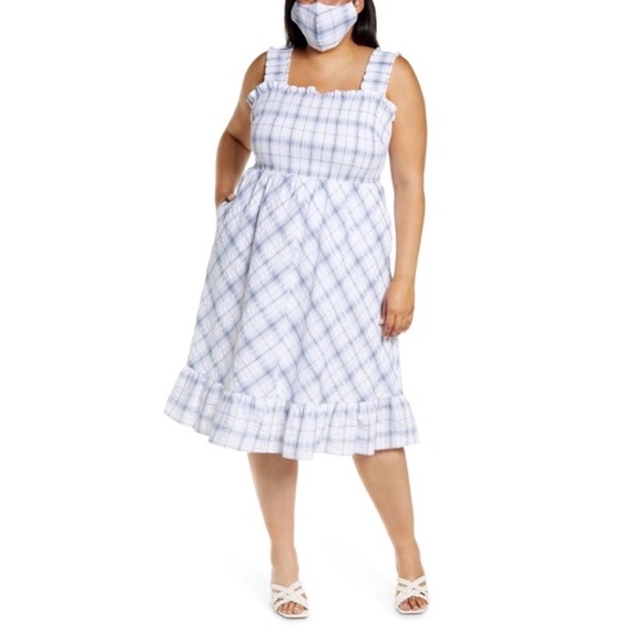 Eliza J Smocked Plaid Ruffle Midi Dress SZ 18W Blue White Sleeveless Sundress - Picture 2 of 16